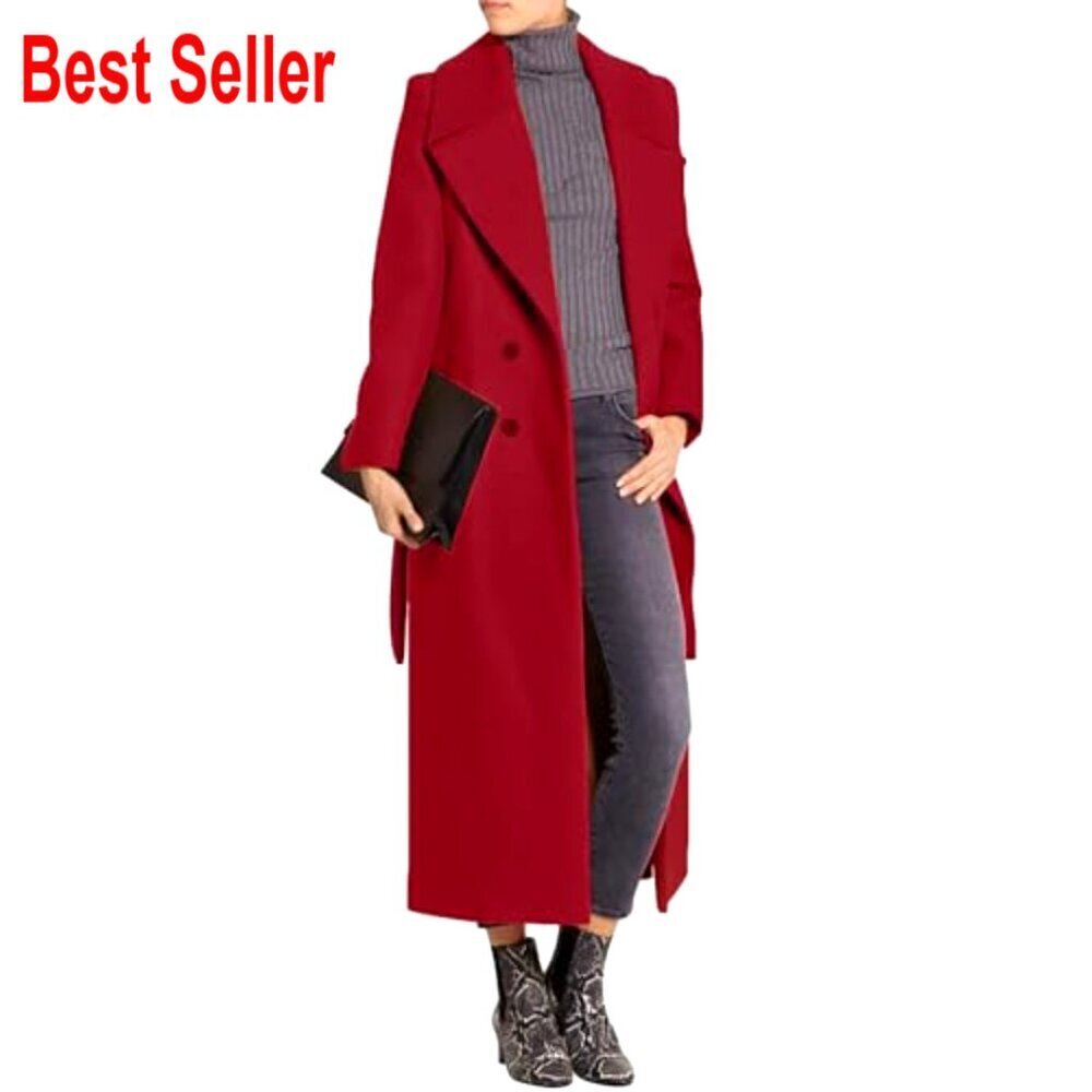 Elegant Wool Blend Overcoat Double Breasted Lapel Collar Belted Classic Chic - Picture 2 of 4